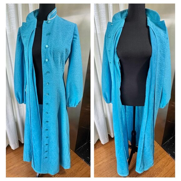 Vintage 1960s dress, turquoise blue, coat-style maxi duster, mandarin collar - Picture 10 of 10